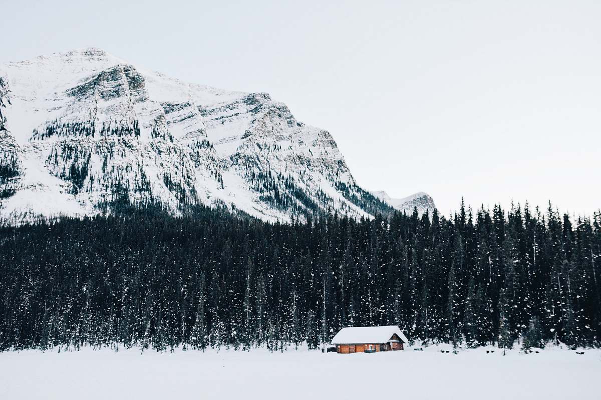 banff national park snow-covered cabin near forest canada
